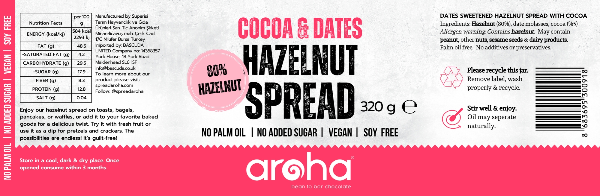 Aroha %80 Hazelnut Spread With Cocoa & Dates, 320 gr