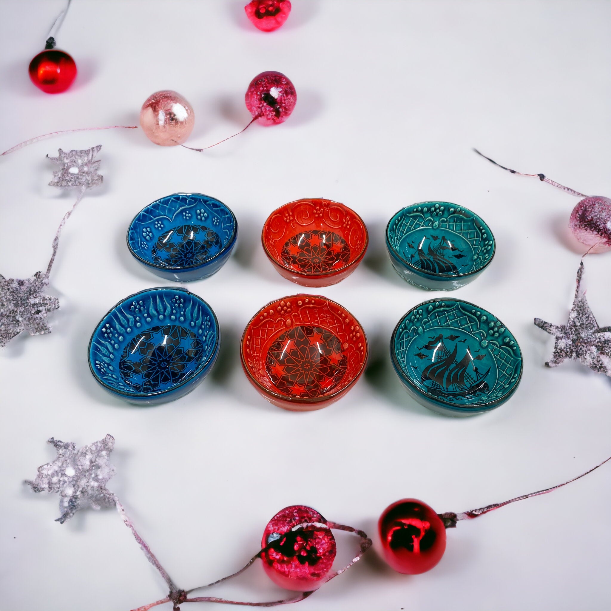 Set of 6 Ceramic Dip Bowls – Iznik, Spring Bloom – 8cm