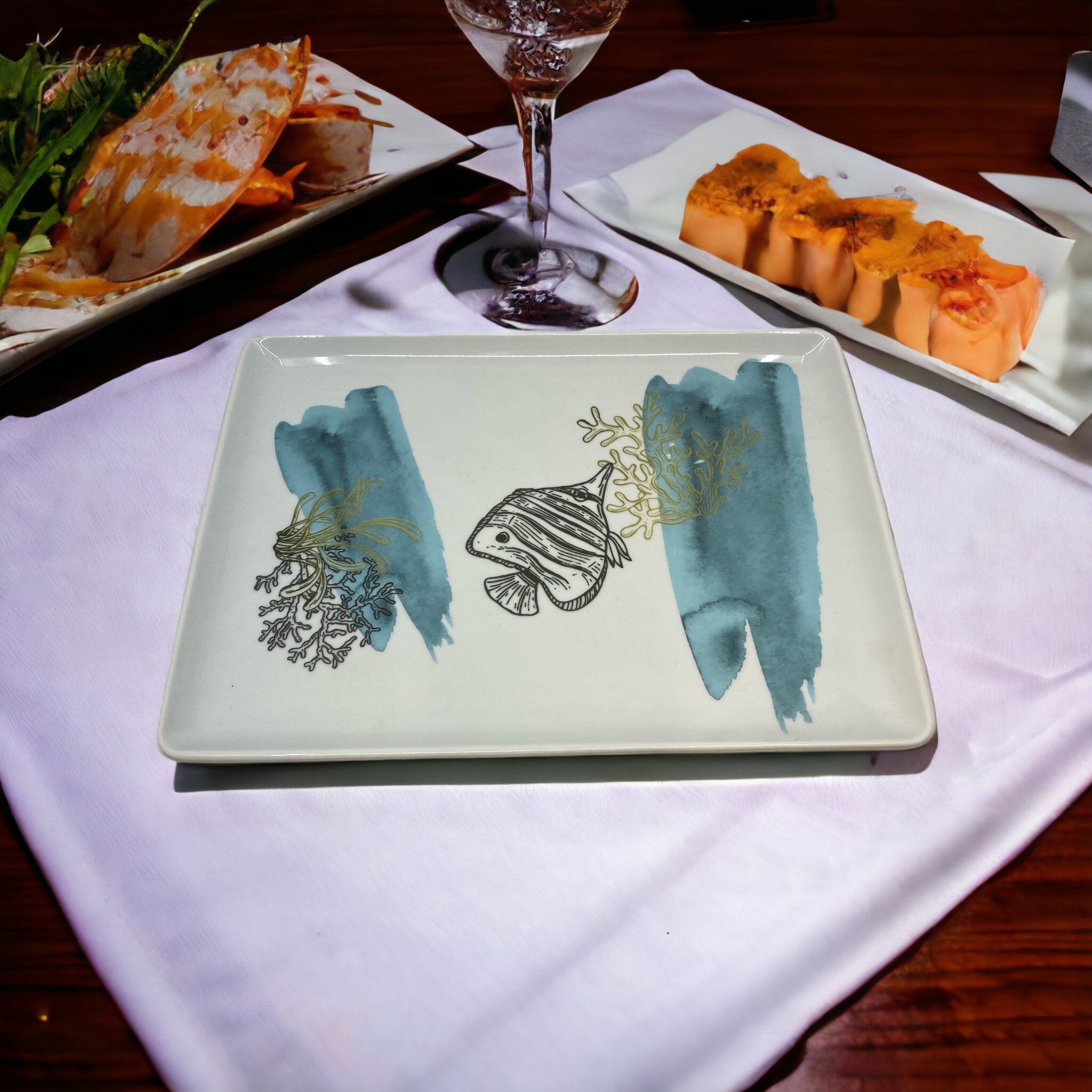 Porcelain Serving Plate - Rochelle, Sea Sketch - 30x22cm