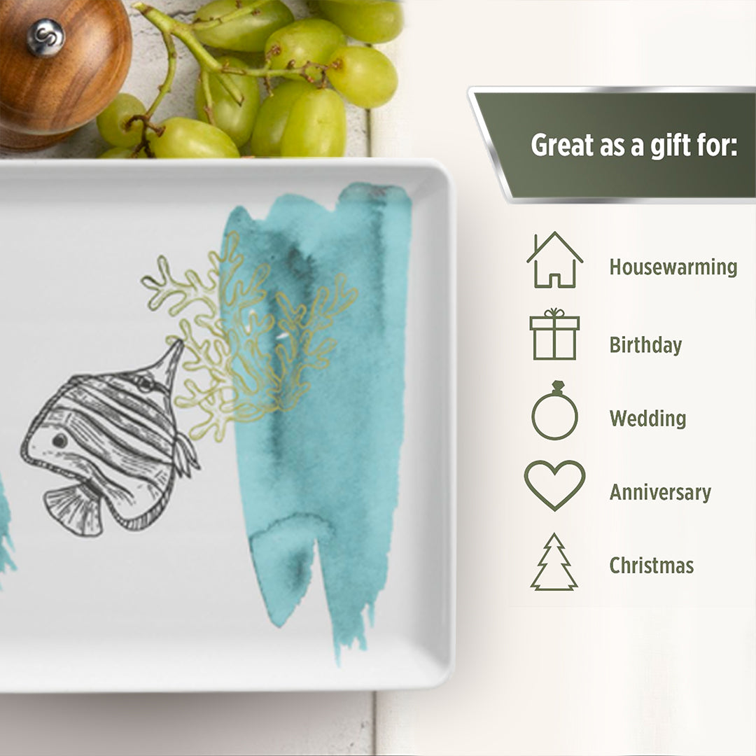 Porcelain Serving Plate - Rochelle, Sea Sketch - 30x22cm