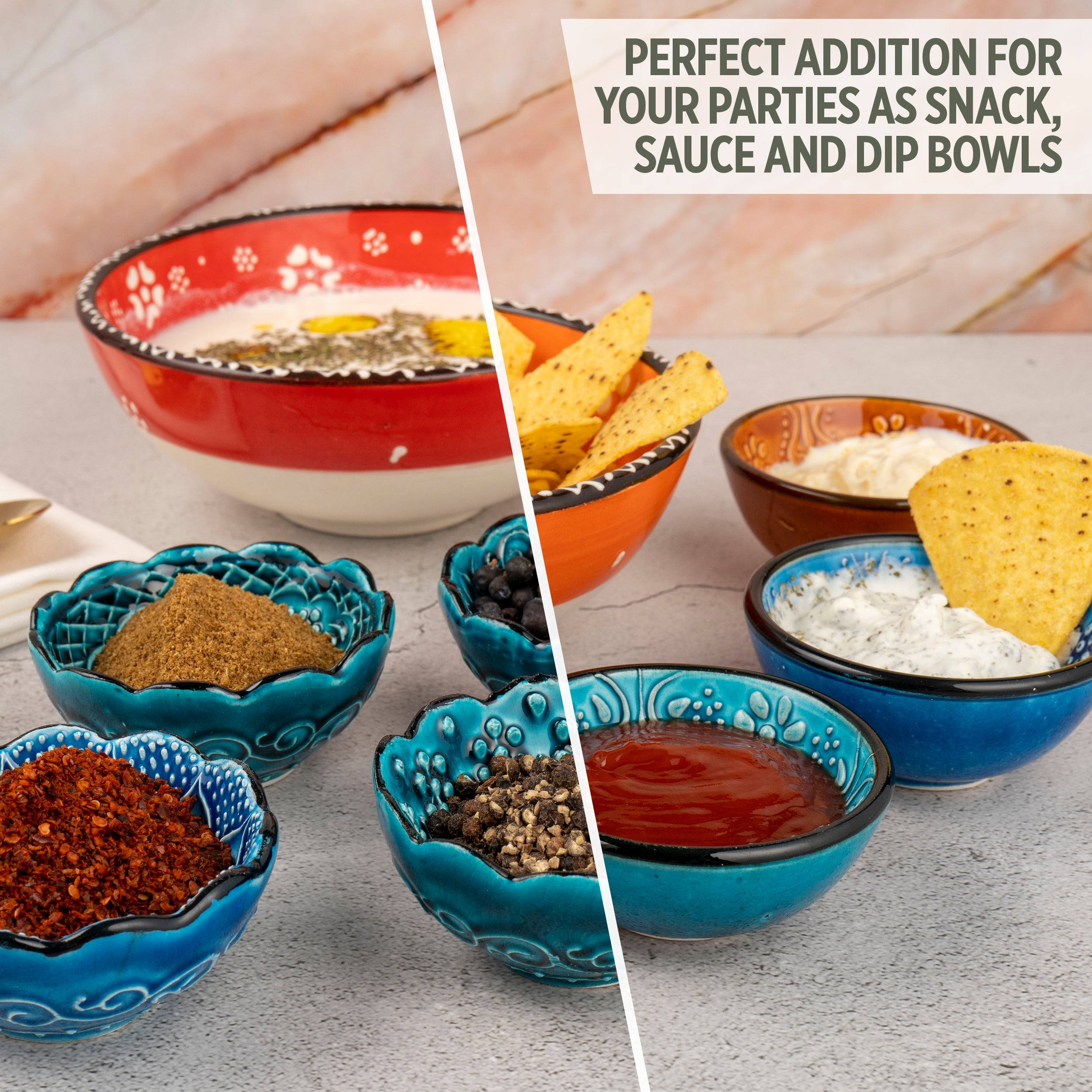 Set of 6 Ceramic Dip Bowls – Iznik, Aegean Whirl – 8cm