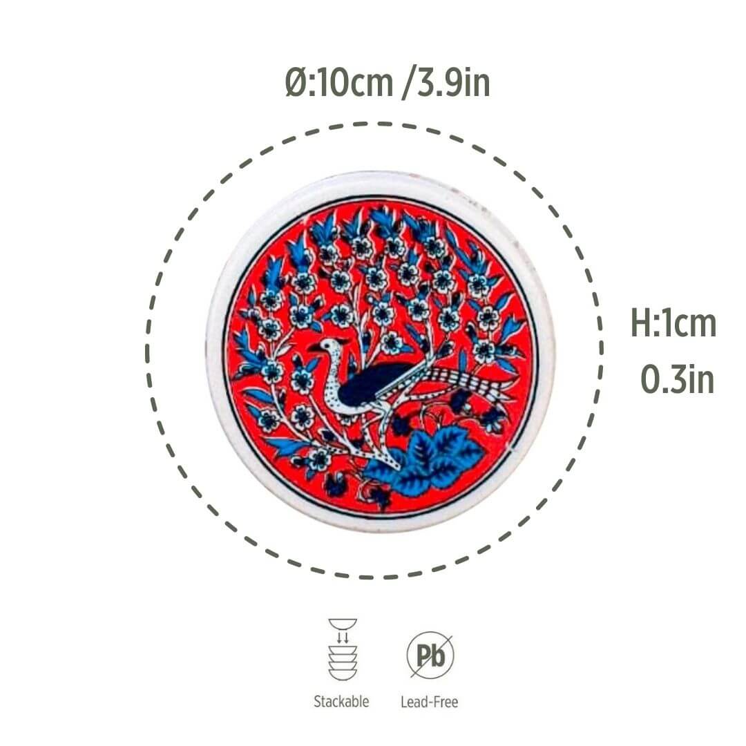 Ceramic Coasters – Iznik, Red Peacock – 10cm