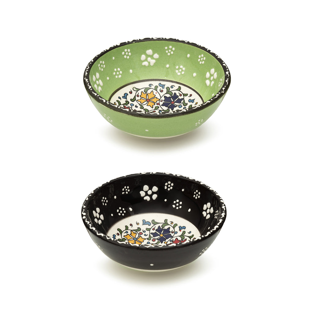 Handmade Ceramic Bowls Set of 2 Mexican Black &Green 15cm