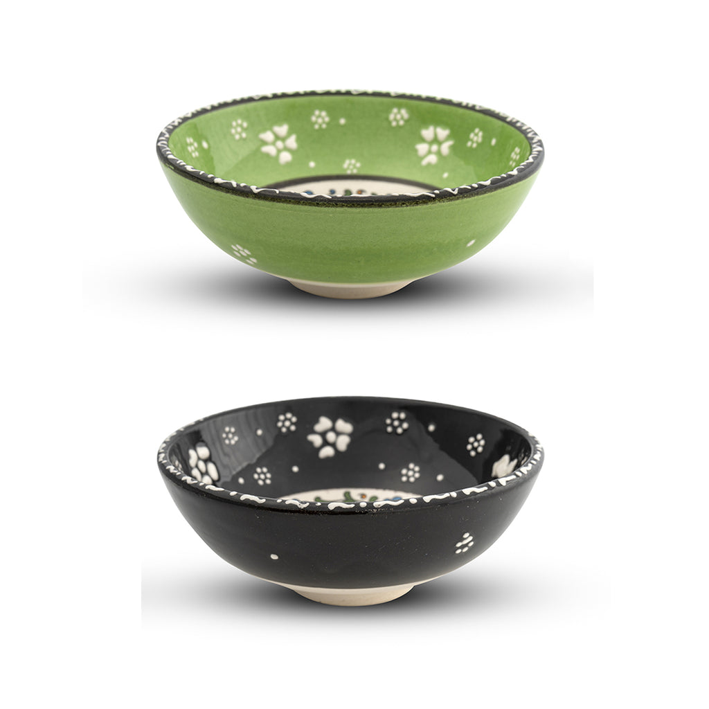 Handmade Ceramic Bowls Set of 2 Mexican Black&Green 12cm