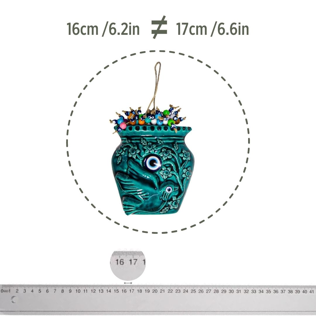 Ceramic Wall Decoration, Flower Pot Shaped, Turquoise – 16cm