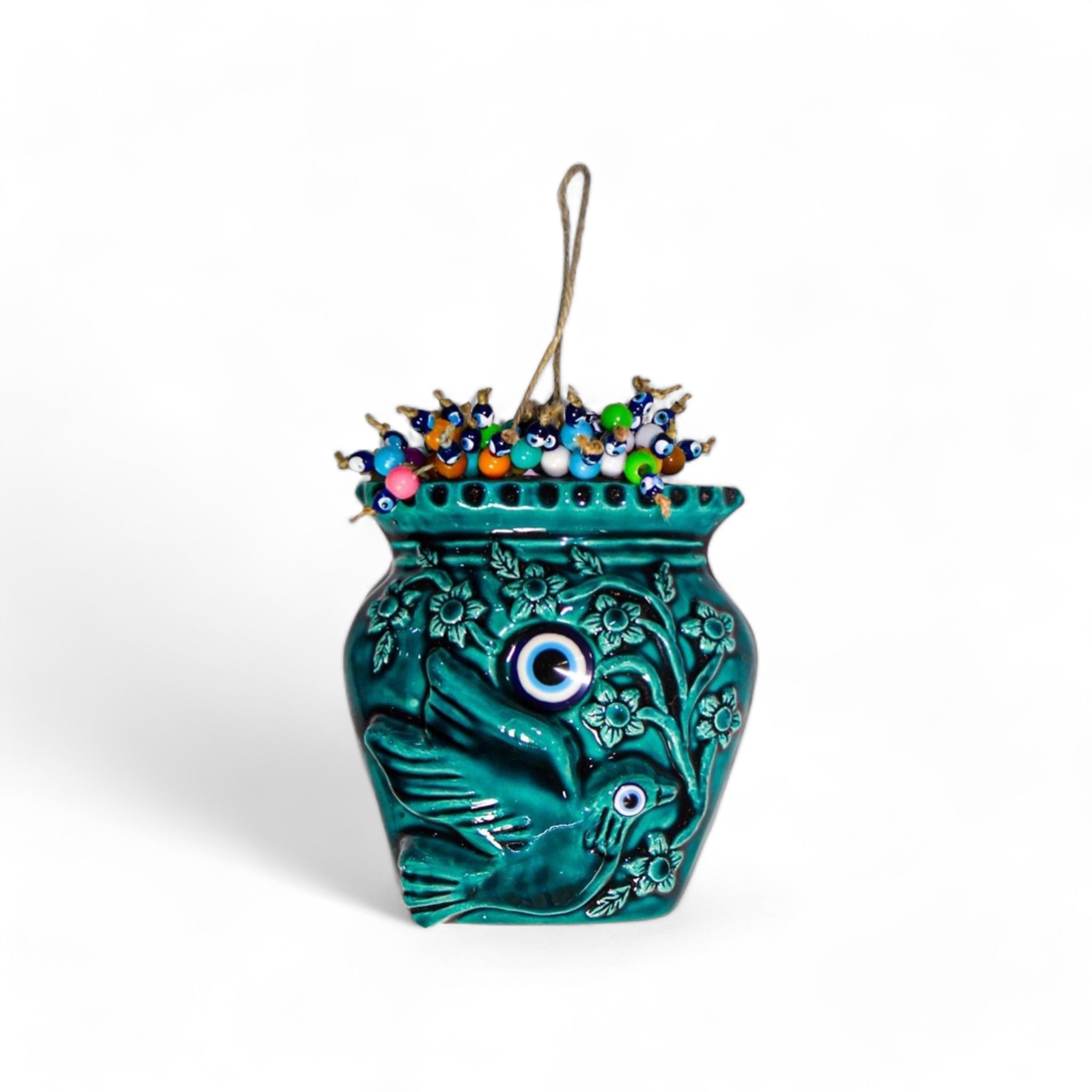 Ceramic Wall Decoration, Flower Pot Shaped, Turquoise – 16cm