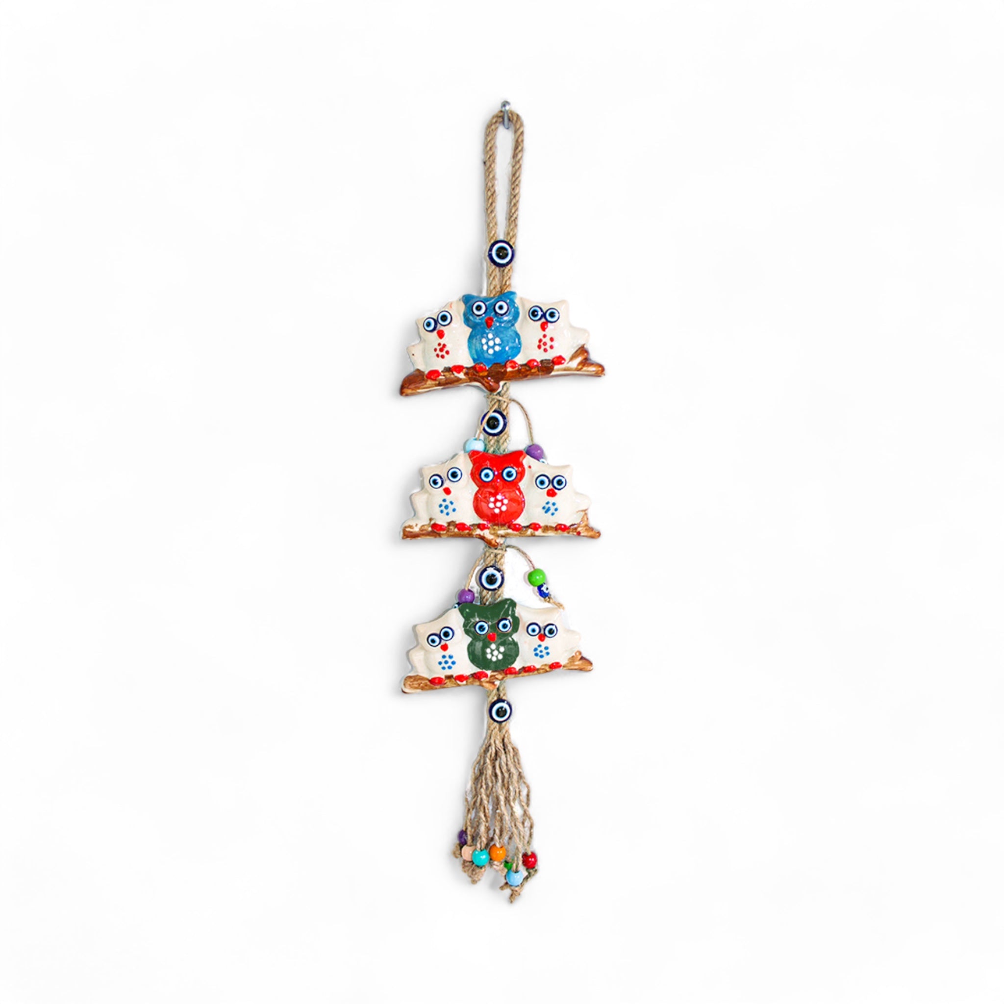 Ceramic Wall Decoration with Hanging Owl Trio, Multicolour