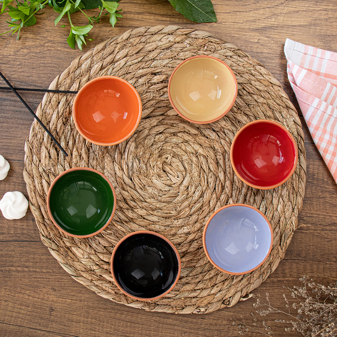 Set of 6 Terracotta Dip Bowls – Ruabon, Mixed Glazes – 8cm