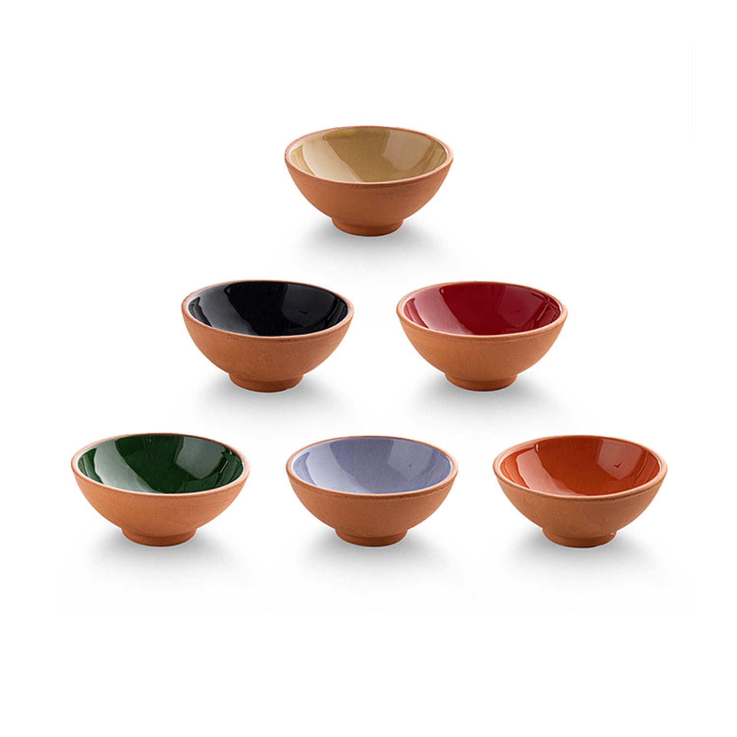 Set of 6 Terracotta Dip Bowls – Ruabon, Mixed Glazes – 8cm