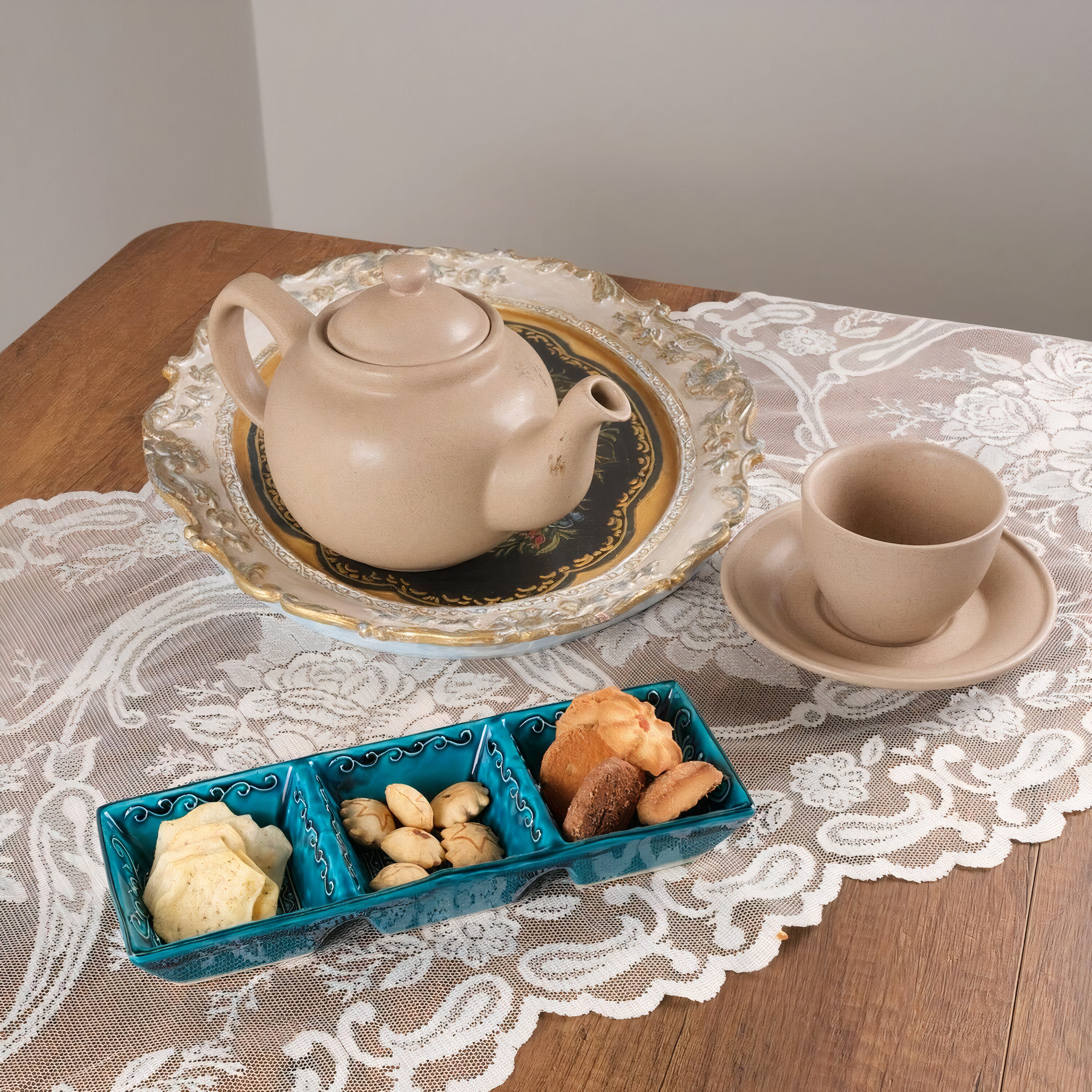 Ceramic Snack Dish with 3 Compartments – Iznik, Turquoise – 25x8cm