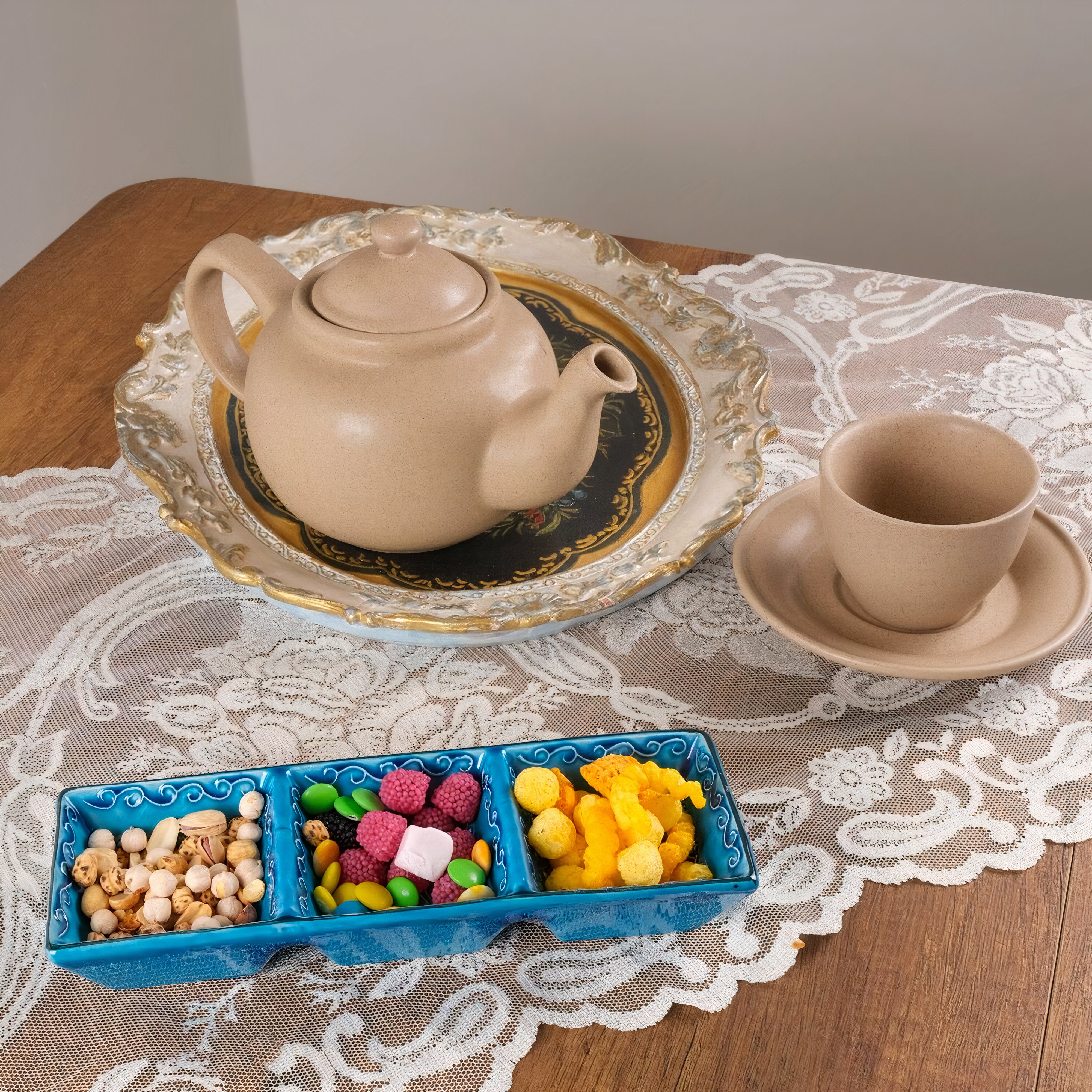 Ceramic Snack Dish with 3 Compartments – Iznik, Turquoise – 25x8cm